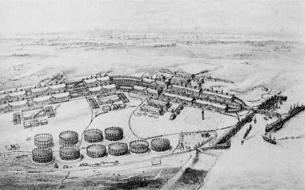 Drawing. We look down onto a complex comprising rectangular and round buildings sprawling next to a riverbank.