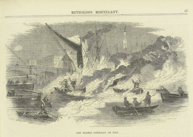 Print. Flames pour across the surface of a river. Men prepare to jump from one row boat caught in the fire. Another boat is being towed by a third, as more boats cluster around and people look on. The bright flames are the white of the paper in this engraving.