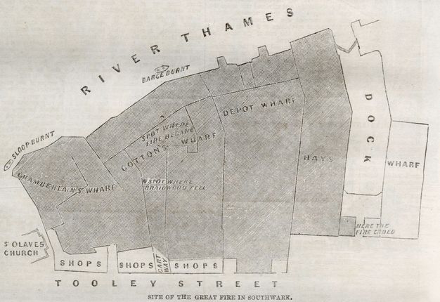 Plan. Hemmed by the “River Thames” above and “Tooley Street” below, several areas are greyed out in this engraving. These include “Chamberlain’s Wharf”, “Cotton’s Wharf”, “Depot Wharf”, and “Hay’s”. The “Spot where fire began” is in Cotton’s Wharf and “Here the fire ended” is on the far side of Hay’s.
