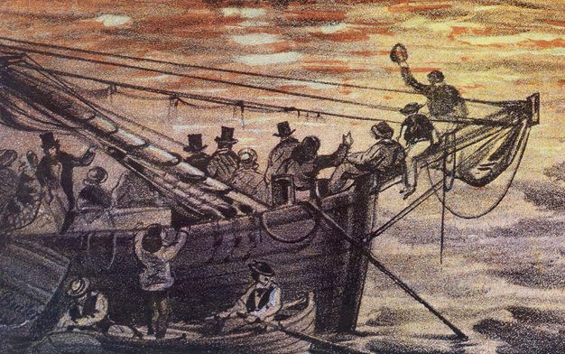 Print. Detail view of a boat in a river reflecting yellow and orange flames. People lining the far side of the deck mostly wear top hats or bonnets. A person starts to climb from a rowboat that has pulled up alongside the larger ship.